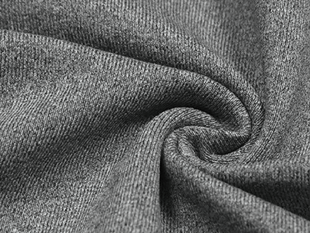 Close-up of durable, breathable polyester fabric in heather grey, showcasing a smooth texture and stylish twist detail.